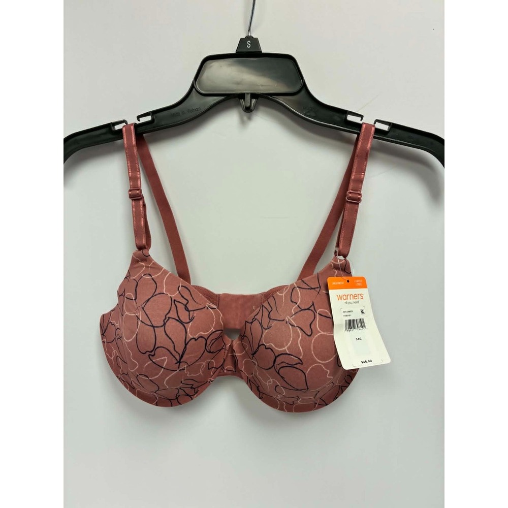 Warners Underwire Bra 34C Lightly Lined T-Shirt‎ Bra Pink Print Comfort NWT